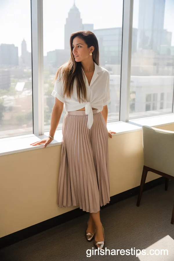 Blush Pleated Skirt and Classic Blouse for Feminine Office Appeal