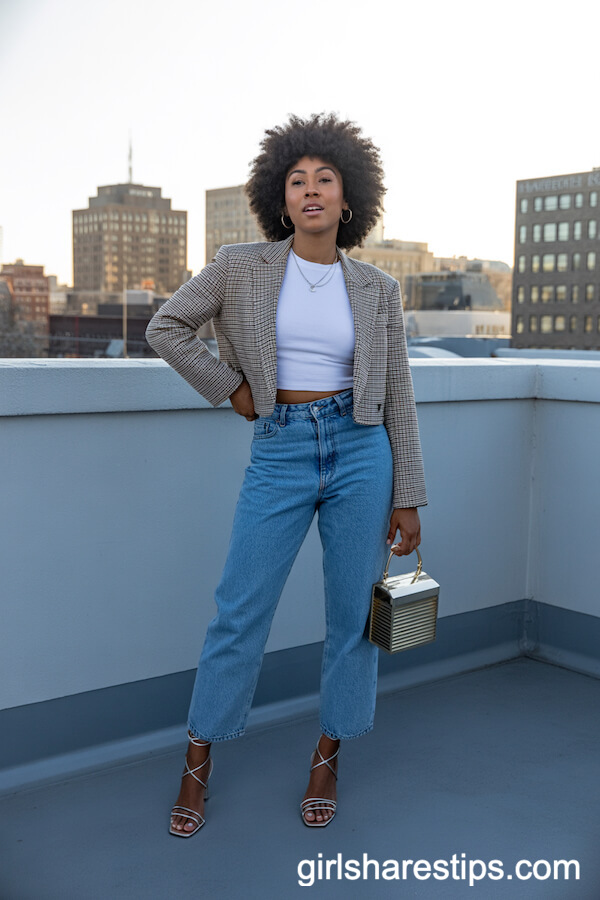 Cropped Plaid Blazer and High-Waisted Jeans for Rooftop Chic