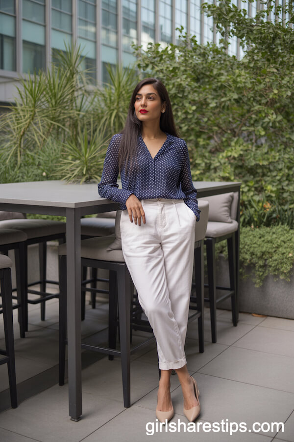 Polka Dot Blouse and White Pants for Garden Office Gatherings