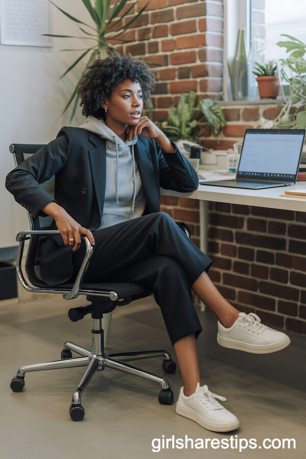 Black Blazer Over Hoodie for Creative Office Casual