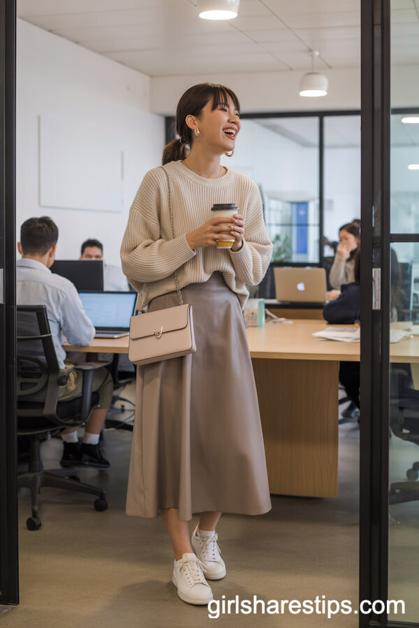 Relaxed Knit Sweater With Midi Skirt for Effortless Office Style
