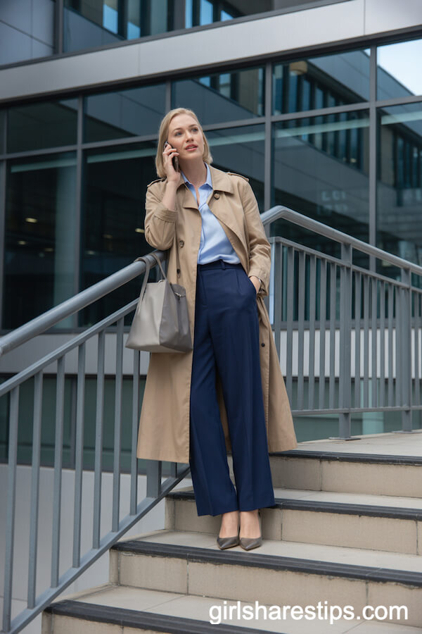 Classic Trench Coat and Wide-Leg Pants for Timeless Office Elegance
