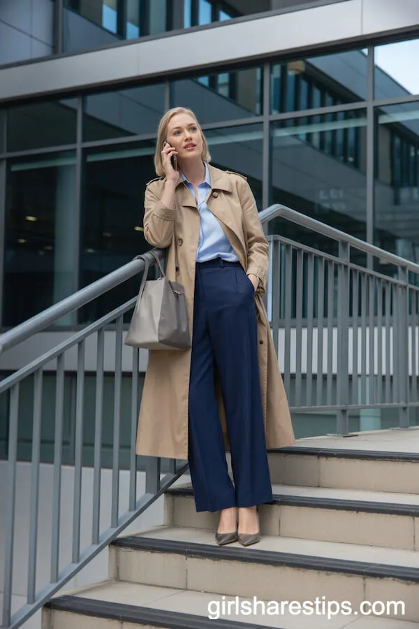 Classic Trench Coat and Wide-Leg Pants for Timeless Office Elegance
