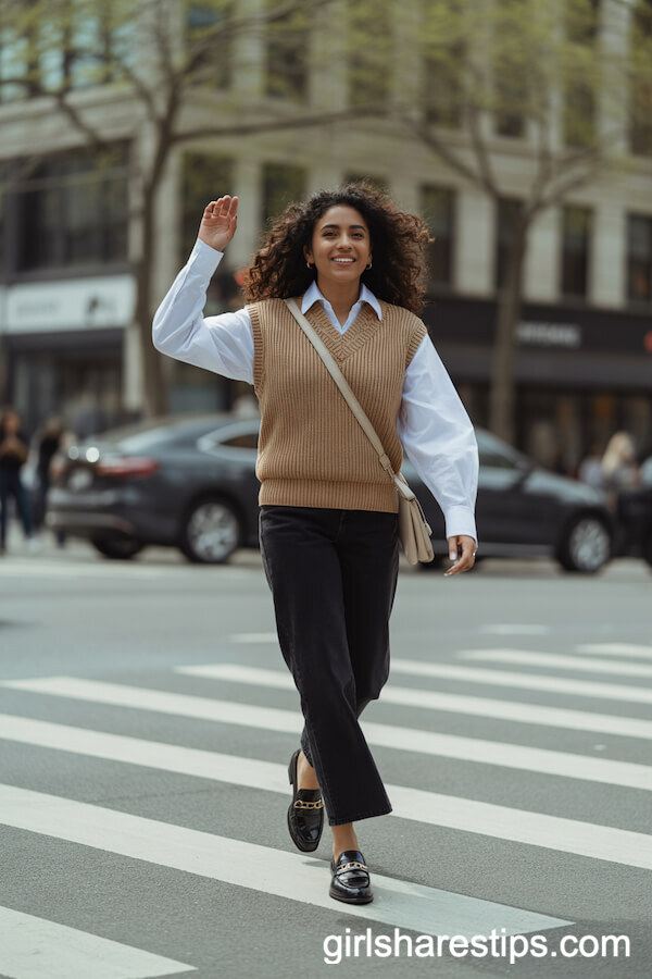 Sweater Vest Layered Over Button-Up for Preppy City Style