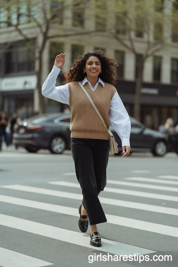 Sweater Vest Layered Over Button-Up for Preppy City Style