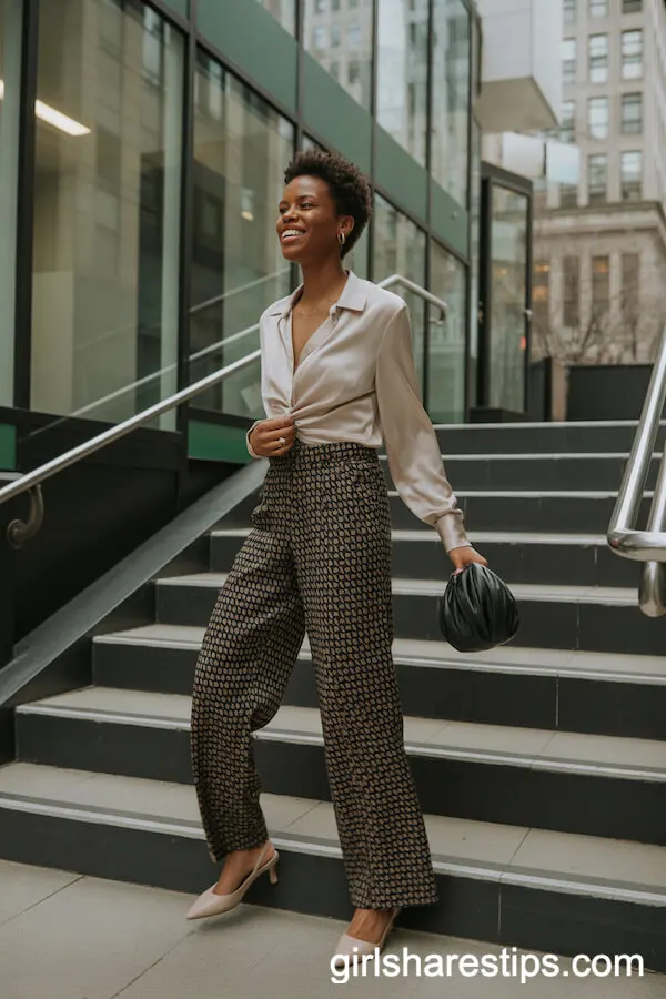 Bold Printed Trousers With Cream Blouse for a Statement Look  

Make a striking impression by pairing bold printed trousers with a crisp cream blouse. The vibrant patterns of the trousers instantly draw attention, while the neutral cream blouse balances the look, ensuring elegance and sophistication. Tuck in the blouse to highlight your waist and add structured accessories like a sleek belt or minimalist heels for a polished finish. This combination is perfect for both casual outings and semi-formal events, offering a perfect blend of daring style and timeless charm.