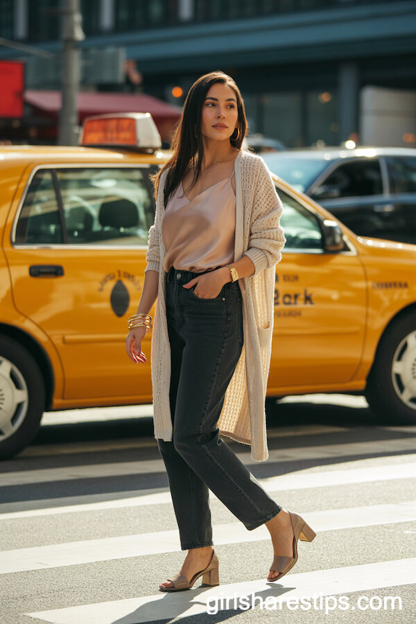 Silk Cami and Cardigan Paired With Jeans for Urban Chic