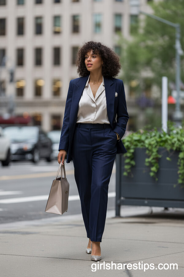 Navy Blazer and Trousers Power Suit Outfit