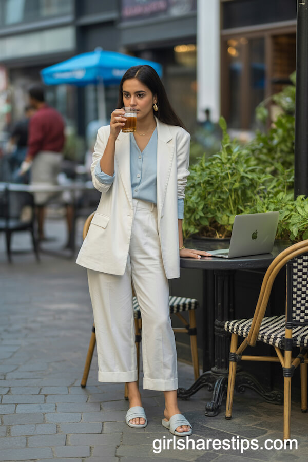 Ivory Summer Suit with Pastel Blouse Workwear