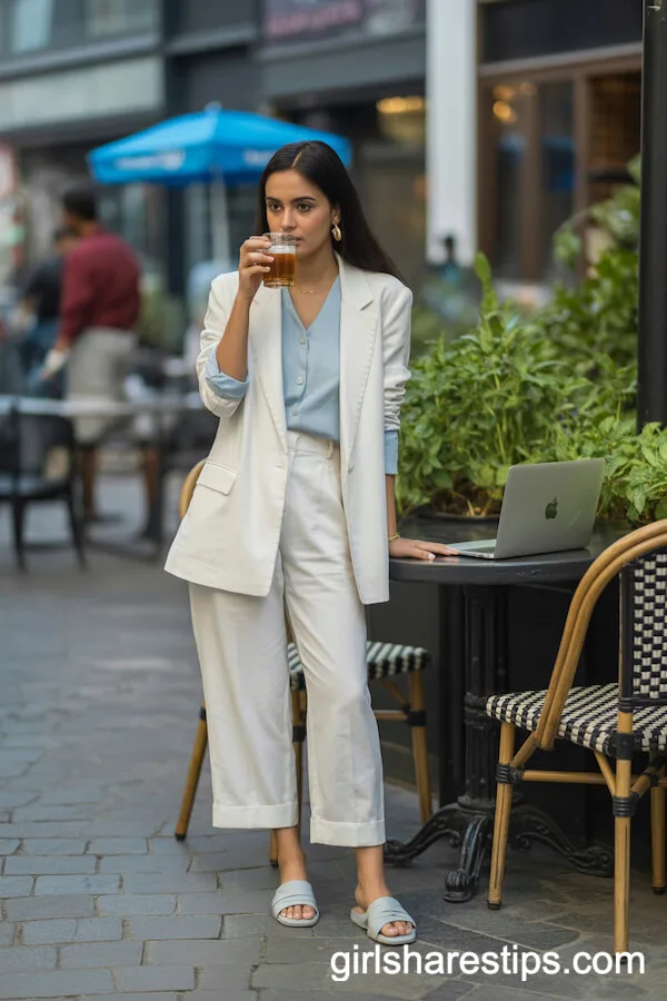 Ivory Summer Suit with Pastel Blouse Workwear