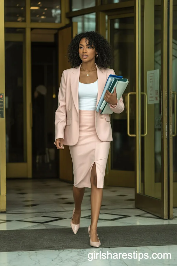 Pastel Pink Blazer and Pencil Skirt Meeting Outfit