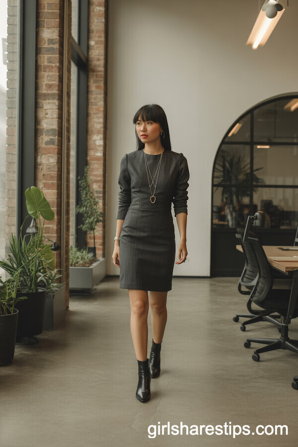 Charcoal Sheath Dress with Ankle Boots Style