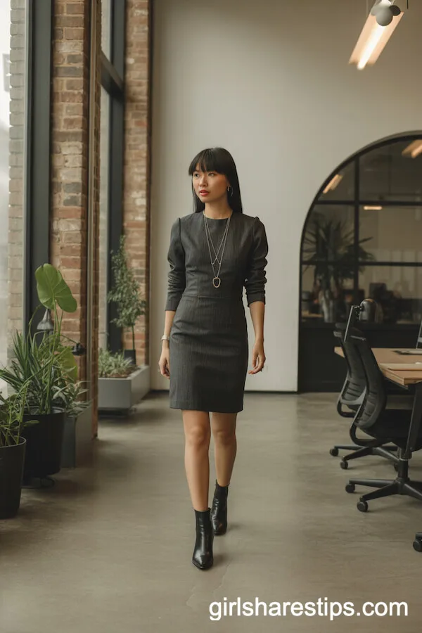 Charcoal Sheath Dress with Ankle Boots Style