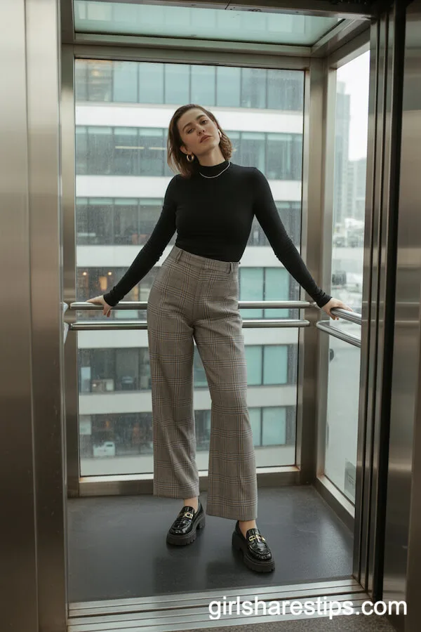 Plaid Trousers Mock Neck Urban Office Outfit