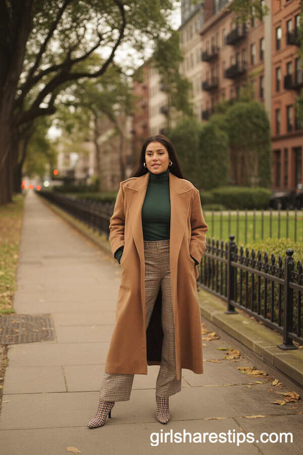 Layered Camel Coat and Plaid Pants Autumn Style