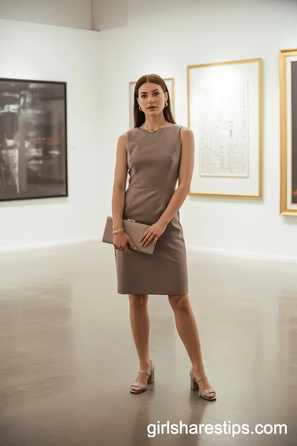 Taupe Sheath Dress and Gold Jewelry Gallery Look