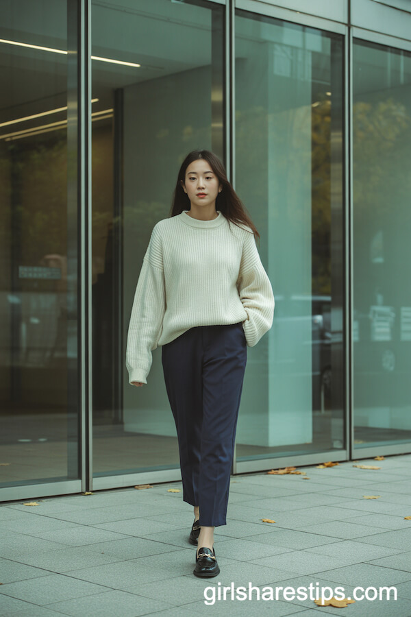 Cream Knit Sweater and Navy Trousers Classic Combo
