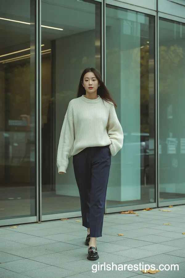 Cream Knit Sweater and Navy Trousers Classic Combo