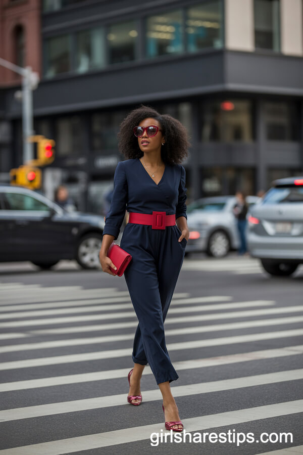Navy Jumpsuit with Red Belt Statement Outfit