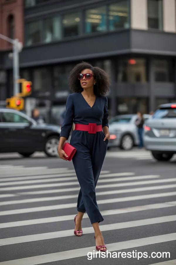 Navy Jumpsuit with Red Belt Statement Outfit