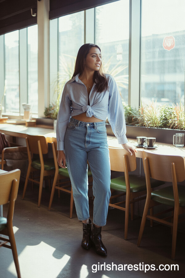 High-Waisted Jeans with a Striped Shirt Work Look