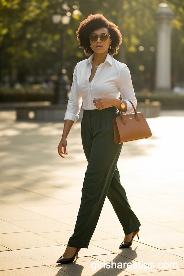 White Shirt and Deep Green Trousers Park Plaza Style