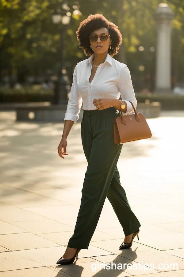 White Shirt and Deep Green Trousers Park Plaza Style