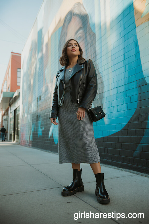 Leather Jacket and Midi Dress Street-Style Ensemble