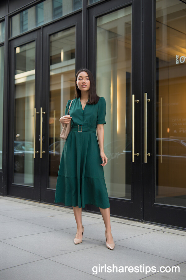 Emerald Green Midi Dress with Nude Pumps Ensemble