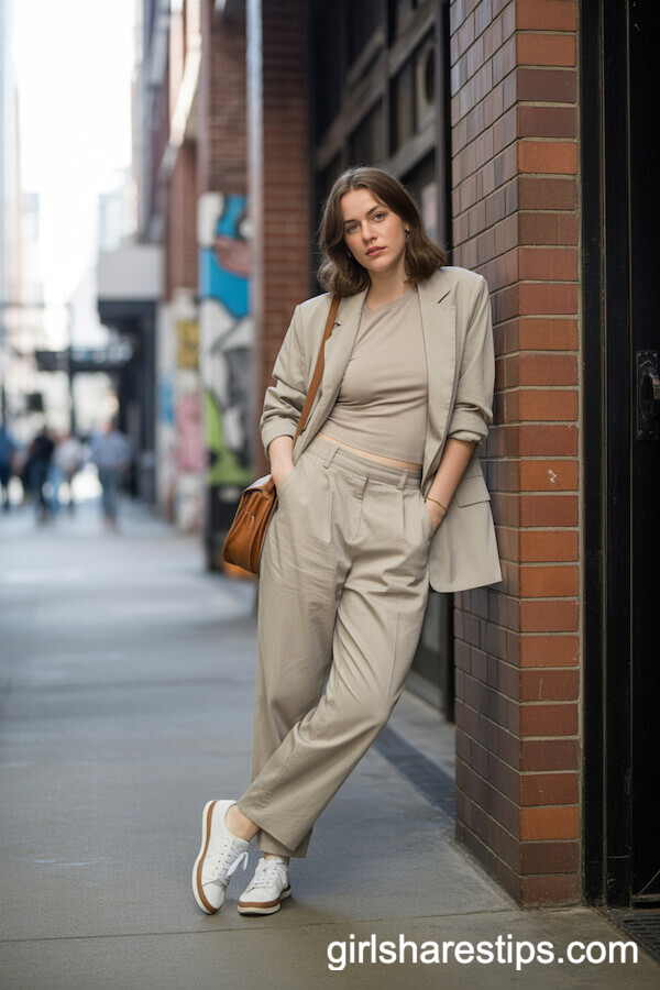 Relaxed Beige Suit and Sneakers City Outfit