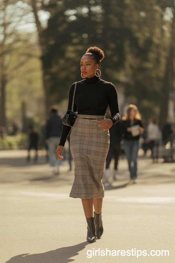 Plaid Pencil Skirt and Black Turtleneck Chic