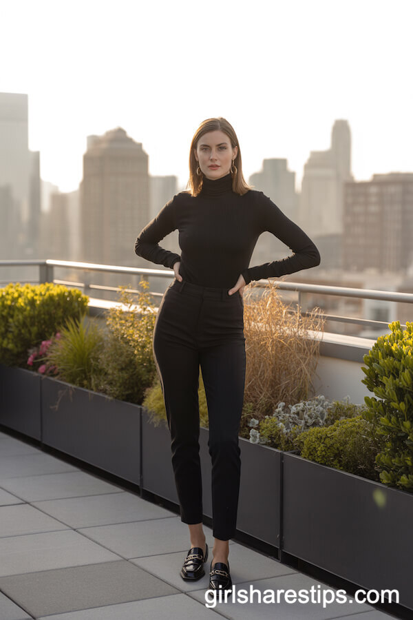 All-Black Cigarette Pants and Turtleneck Ensemble