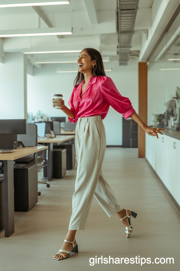 Fuchsia Blouse and Beige Trouser Office Combo