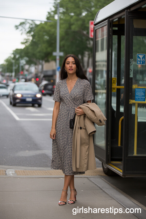 Printed Wrap Dress with Trench Coat Transitional Look