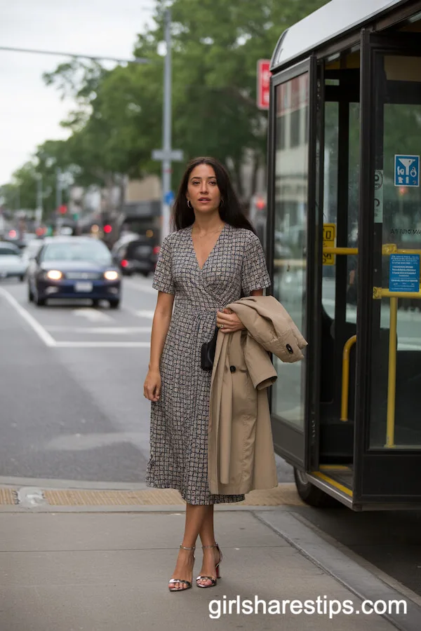 Printed Wrap Dress with Trench Coat Transitional Look