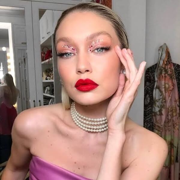 Shimmery Pink Eyes with Bold Red Lips