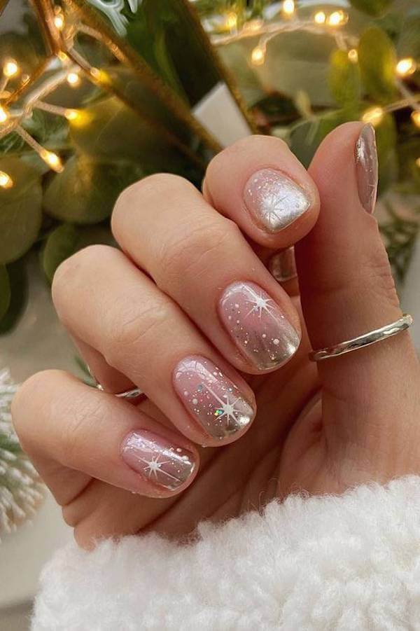 Pink Glitter Star Christmas Nails