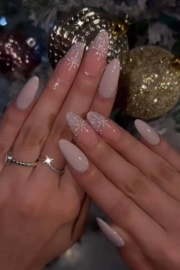 Nude Almond Nails With Snowflake Art