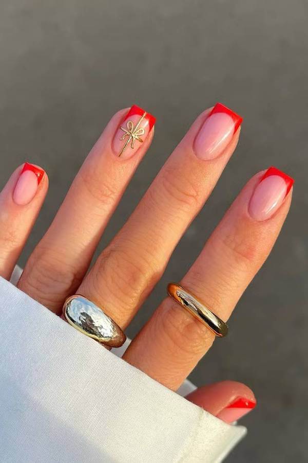 Red French Tips With Gold Bow