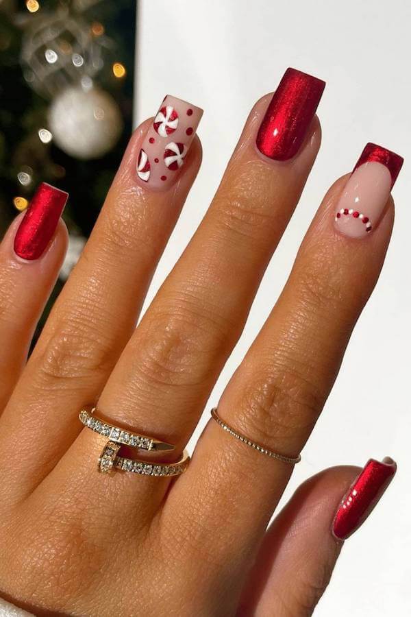 Red And Peppermint Christmas Nails