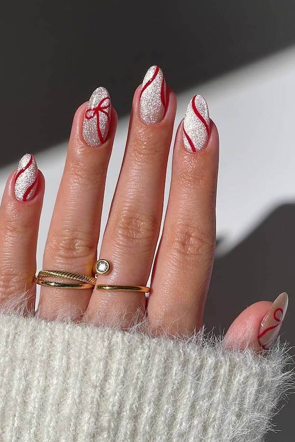 Red Ribbon Swirl Holiday Nails