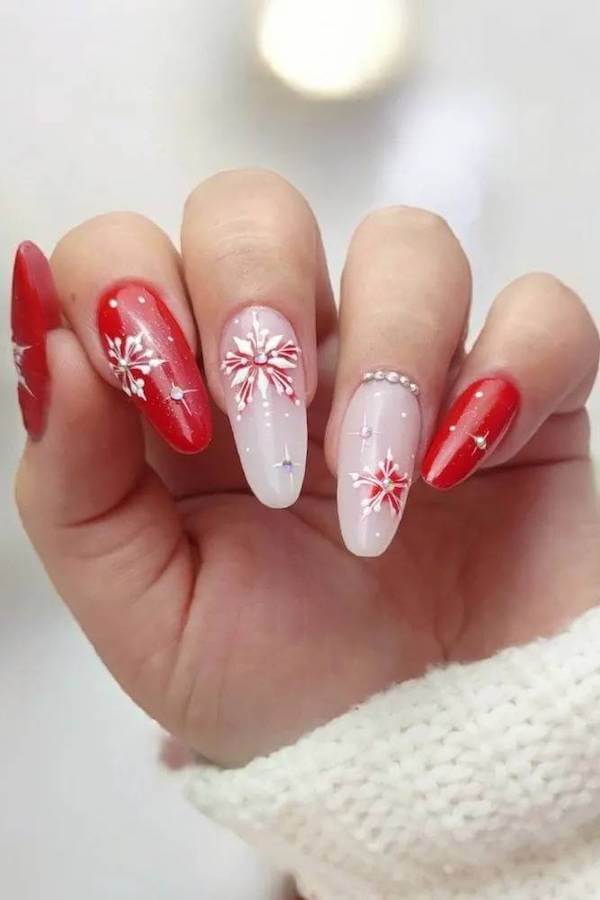 Red And White Snowflake Almond Nails