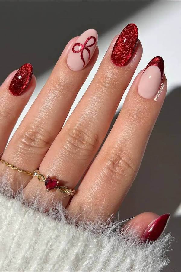 Glitter Red Ribbon Festive Nails