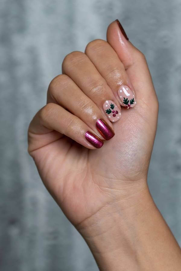 Metallic Red And Holly Nail Design