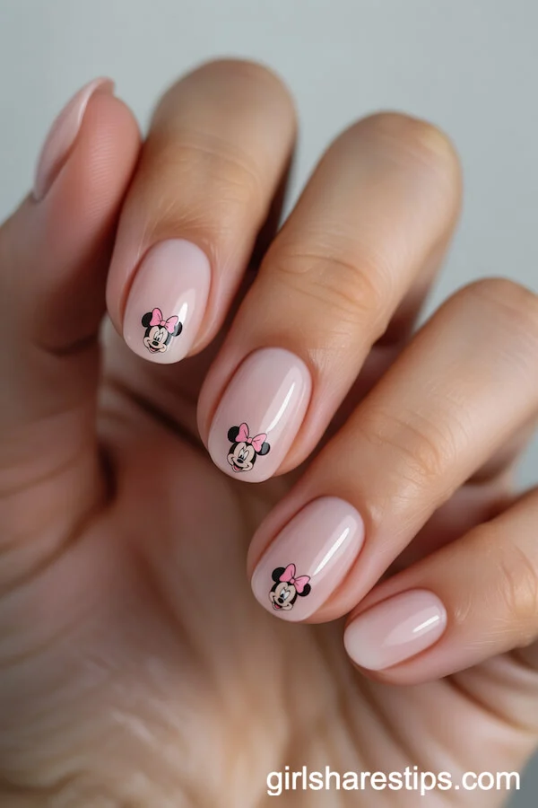 Pastel Pink Oval Nails with Mini Minnie Bows