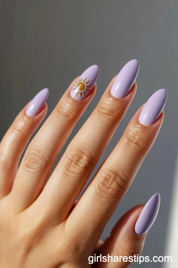 Lavender Oval Nails with Tangled Gold Sun Accent