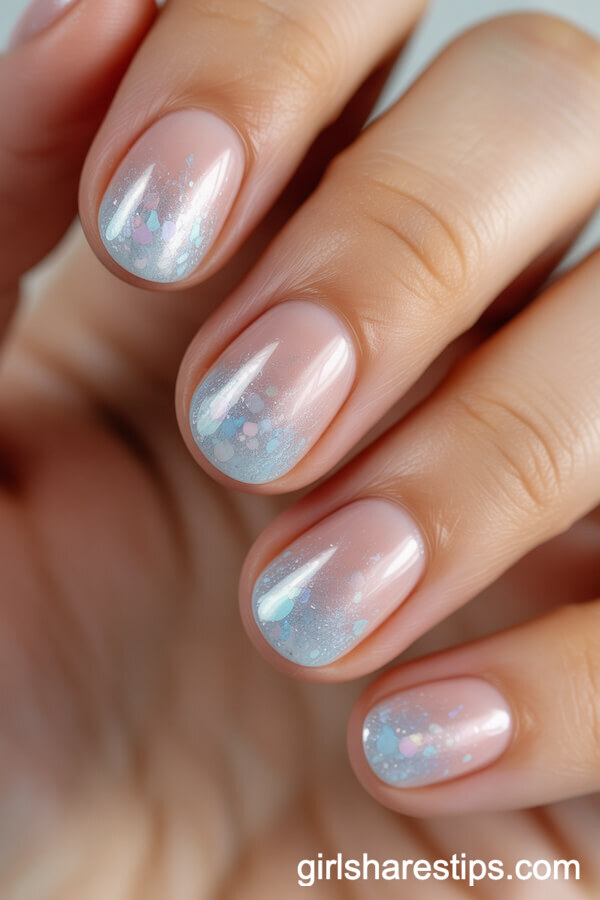 Pastel Pink and Blue Glitter Round Nails Inspired by Sleeping Beauty