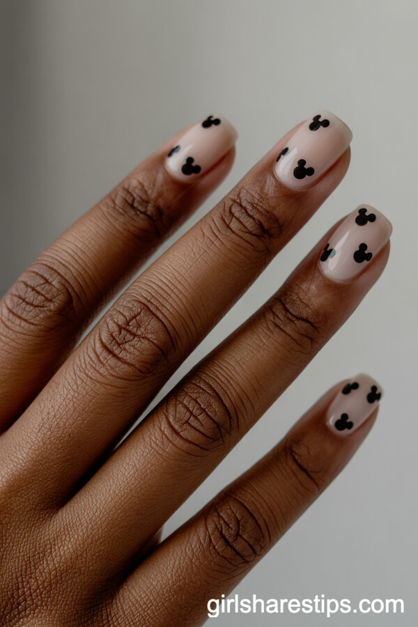 Minimalist Beige Square Nails with Tiny Black Mickey Heads