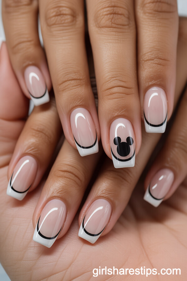 Milky White Coffin Nails with Thin Black Tips and Tiny Mickey