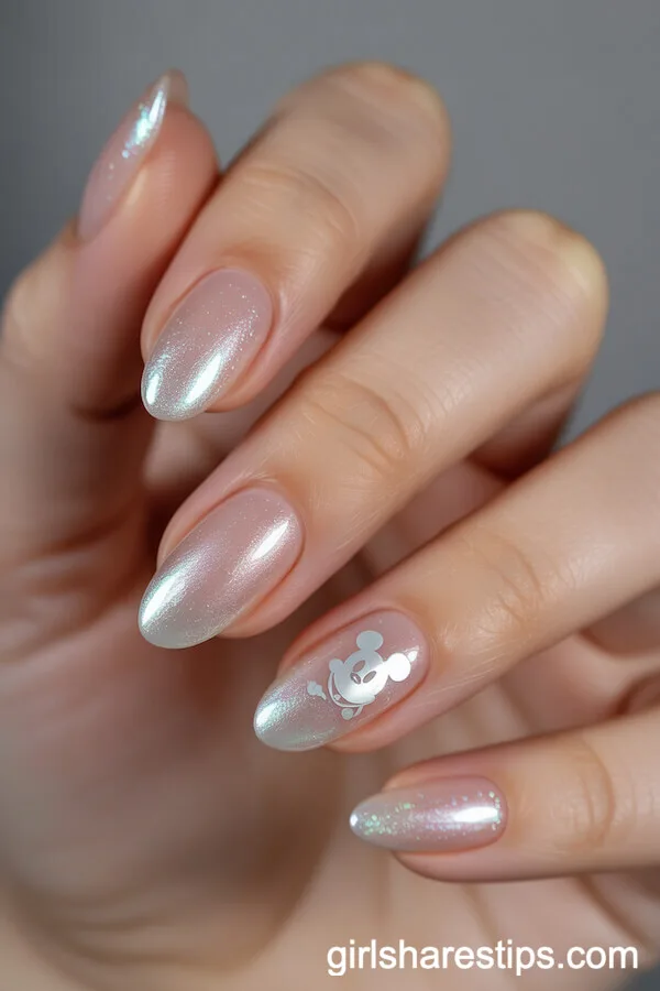 Iridescent Almond Nails with Hidden Silver Mickey Detail